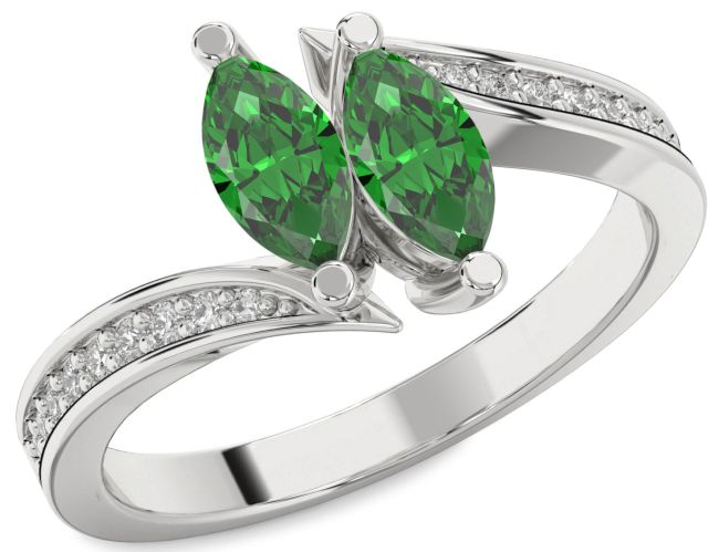 Diamond Emerald Silver Marquise Two Stone Birthstone Ring