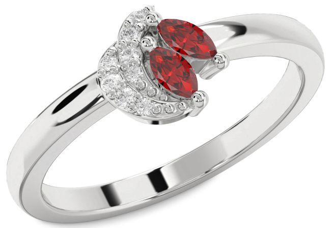 Diamond Ruby Silver Marquise Two Stone Birthstone Ring