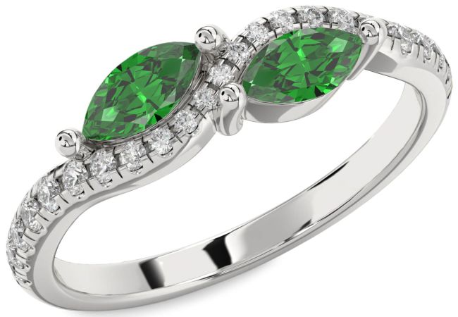 Diamond Emerald Silver Marquise Two Stone Birthstone Ring