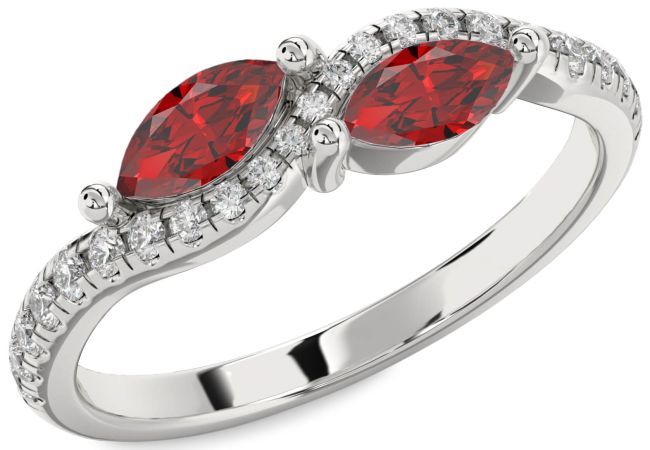 Diamond Ruby Silver Marquise Two Stone Birthstone Ring