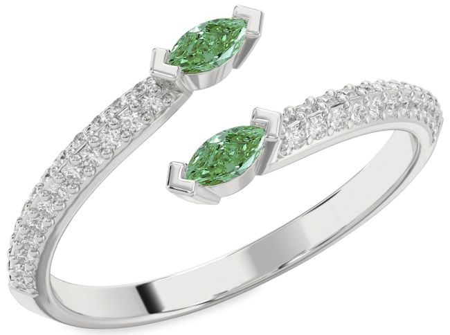 Green Diamond Silver Marquise Two Stone Ring