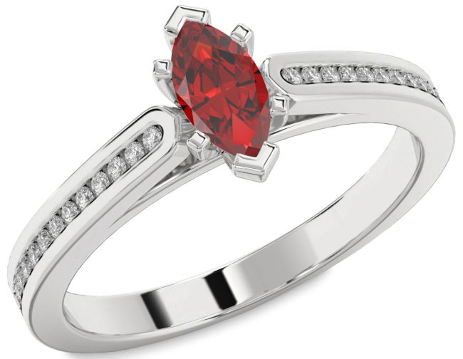 Diamond Ruby Silver Marquise Solitaire Pave Engagement Ring