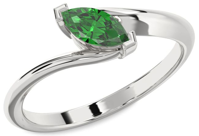 Emerald Silver Marquise Solitaire Engagement Ring