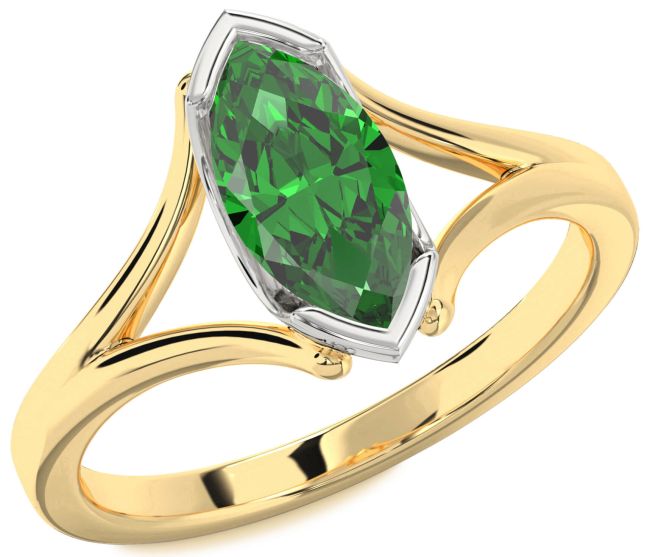 Emerald Gold Silver Marquise Solitaire Engagement Ring