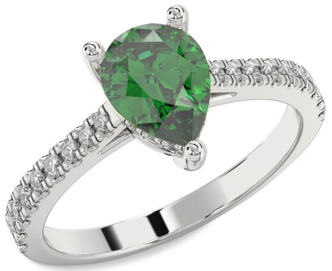 Diamond Emerald Silver Pear Solitaire Pave Engagement Ring