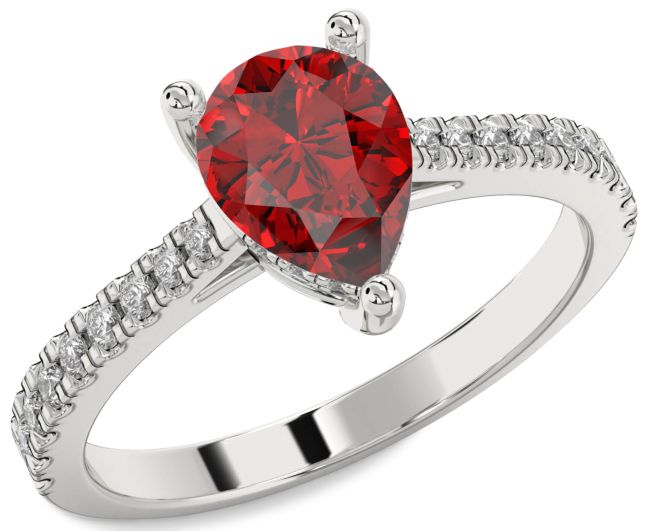 Diamond Ruby Silver Pear Solitaire Pave Engagement Ring