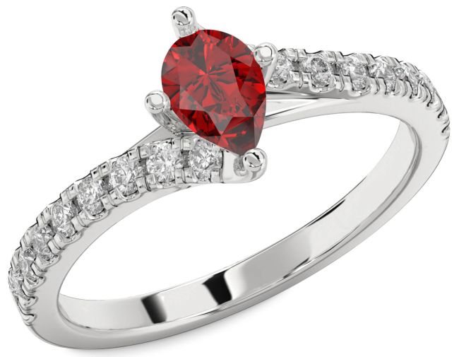 Diamond Ruby Silver Pear Solitaire Pave Engagement Ring