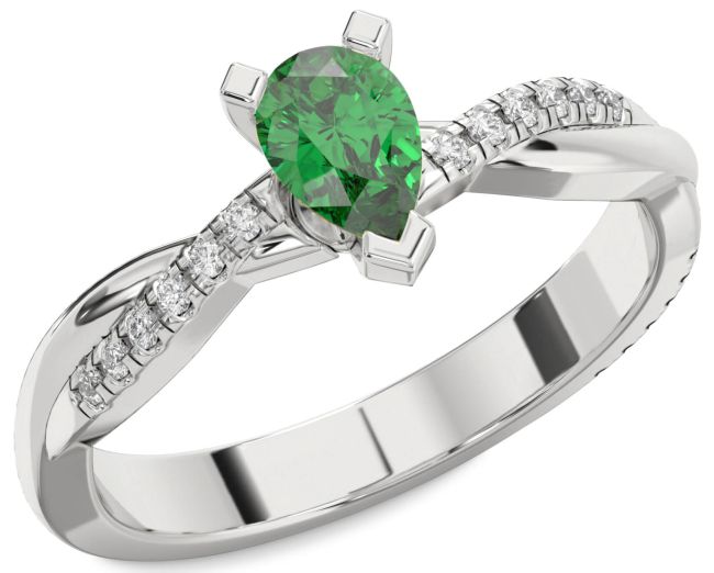 Diamond Emerald Silver Pear Solitaire Pave Engagement Ring