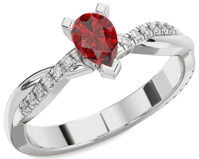 Diamond Ruby Silver Pear Solitaire Pave Engagement Ring