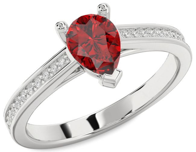 Diamond Ruby Silver Pear Solitaire Pave Engagement Ring
