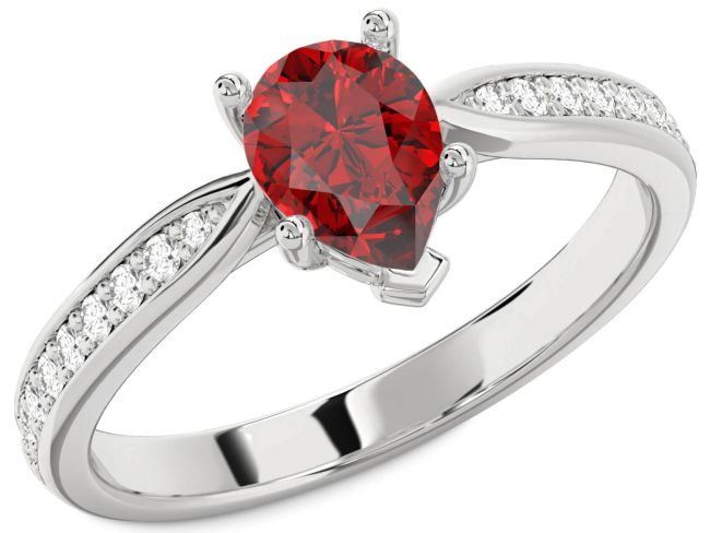 Diamond Ruby Silver Pear Solitaire Pave Engagement Ring