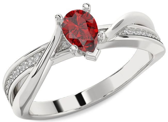 Diamond Ruby Silver Pear Solitaire Pave Engagement Ring