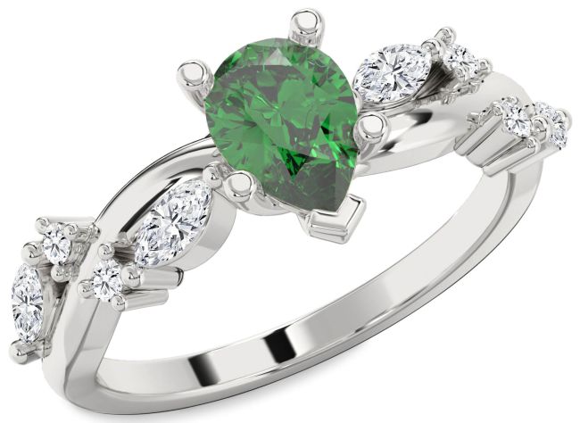 Diamond Emerald Silver Pear Engagement Ring