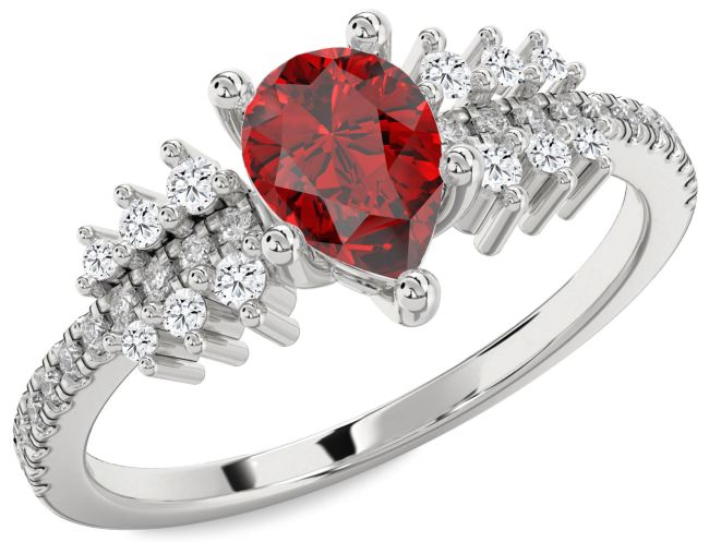Diamond Ruby Silver Pear Pave Engagement Ring