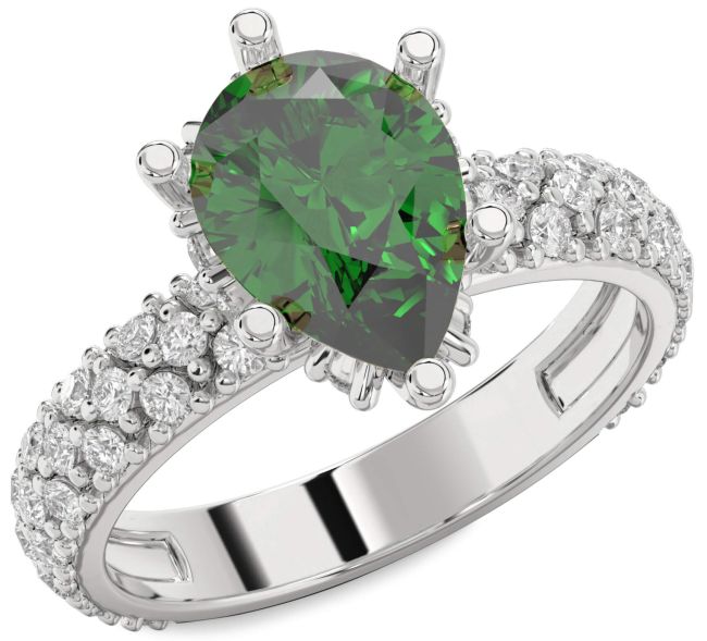 Diamond Emerald Silver Pear Solitaire Pave Engagement Ring