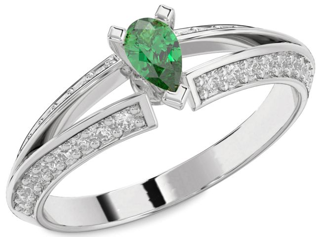 Diamond Emerald Silver Pear Solitaire Pave Engagement Ring