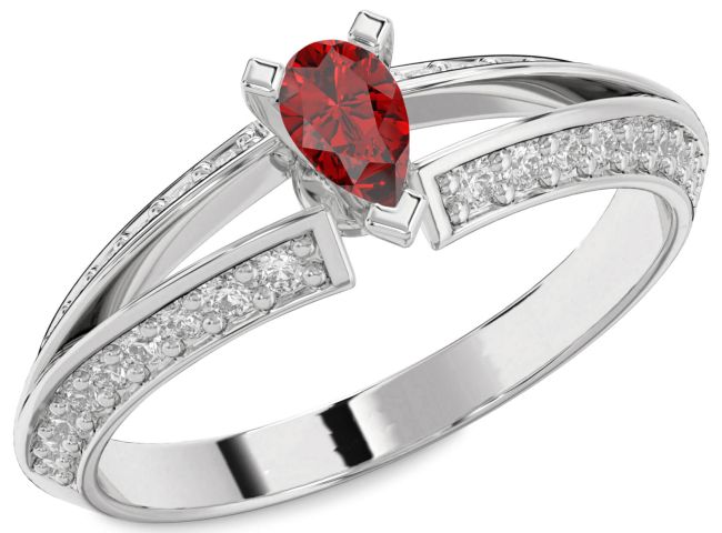 Diamond Ruby Silver Pear Solitaire Pave Engagement Ring