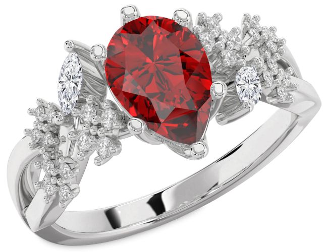 Diamond Ruby Silver Pear Pave Engagement Ring