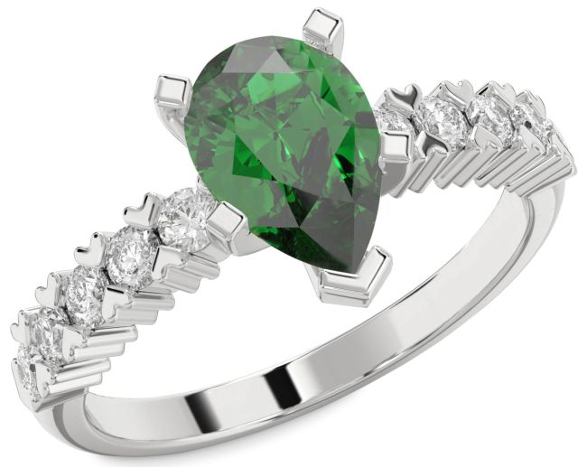 Diamond Emerald Silver Pear Engagement Ring