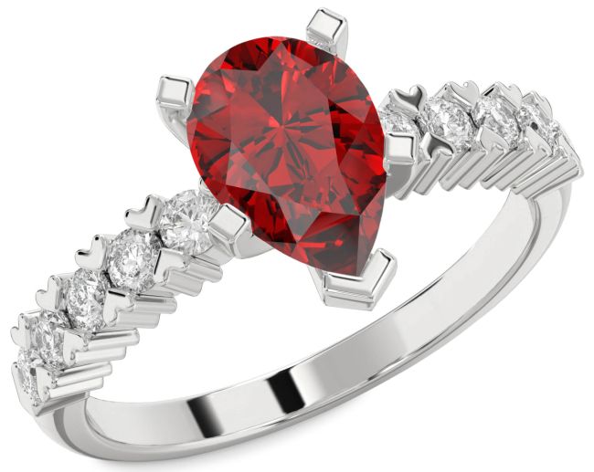 Diamond Ruby Silver Pear Engagement Ring