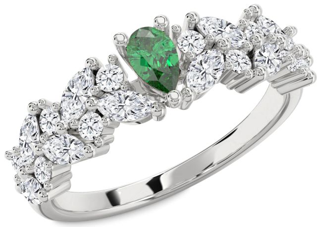 Diamond Emerald Silver Pear Engagement Ring