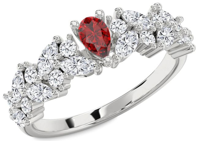 Diamond Ruby Silver Pear Engagement Ring