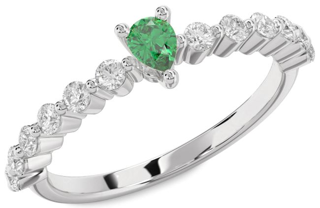 Diamond Emerald Silver Pear Engagement Ring