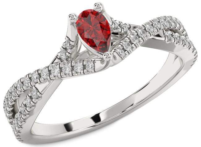 Diamond Ruby Platinum Pear Solitaire Pave Engagement Ring