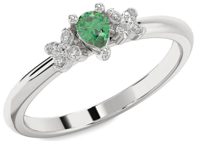 Diamond Emerald Silver Pear Promise Ring