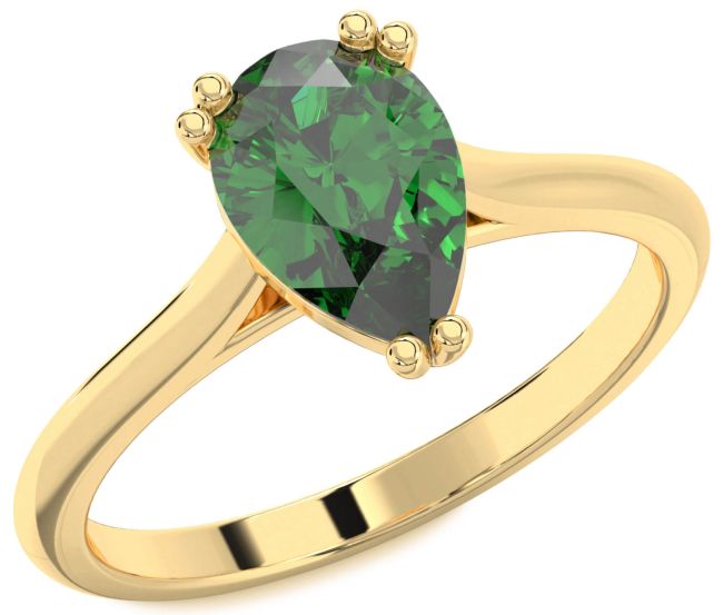 Emerald Gold Silver Pear Solitaire Engagement Ring