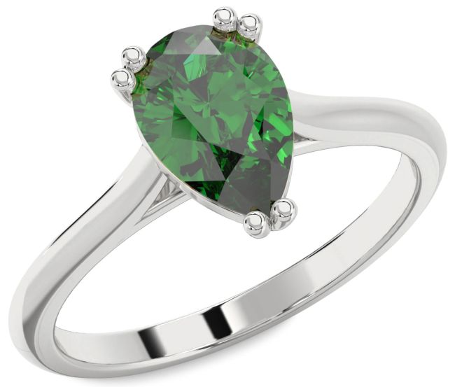 Emerald Silver Pear Solitaire Engagement Ring