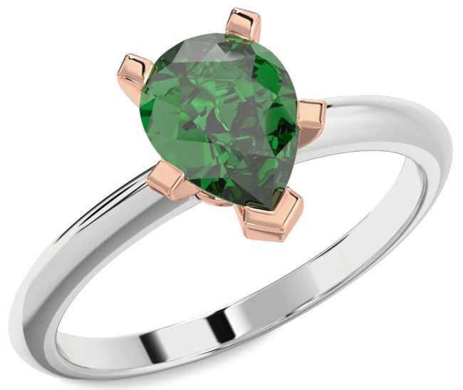 Emerald Silver & 10K Rose Gold Pear Solitaire Engagement Ring
