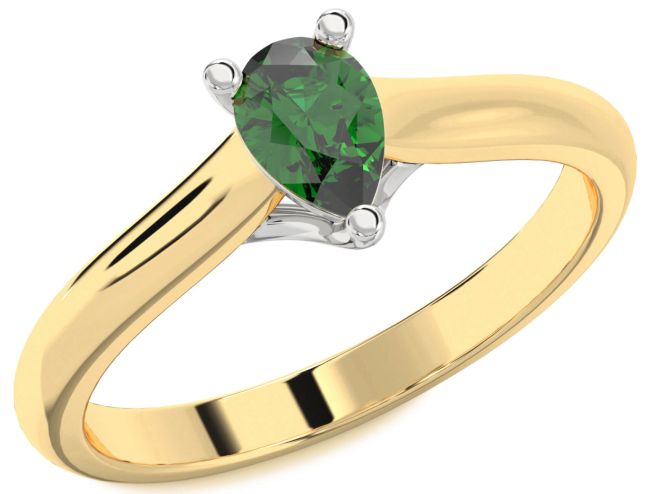 Emerald Gold Silver Pear Solitaire Engagement Ring