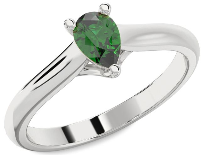 Emerald Silver Pear Solitaire Engagement Ring
