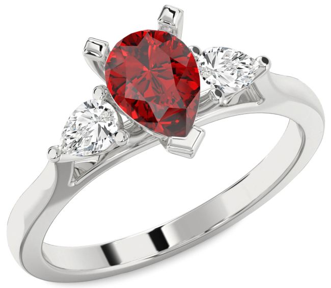 Diamond Ruby Silver Pear Three Stone Engagement Ring