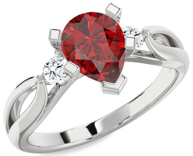 Diamond Ruby Silver Pear Three Stone Engagement Ring