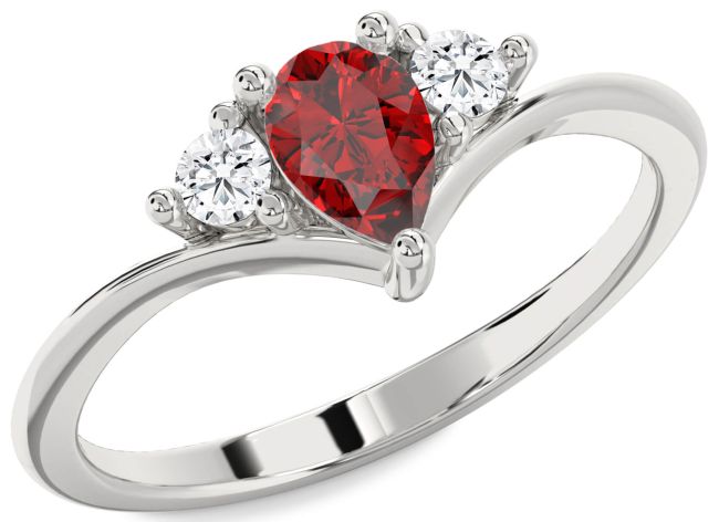 Diamond Ruby Platinum Pear Three Stone Engagement Ring