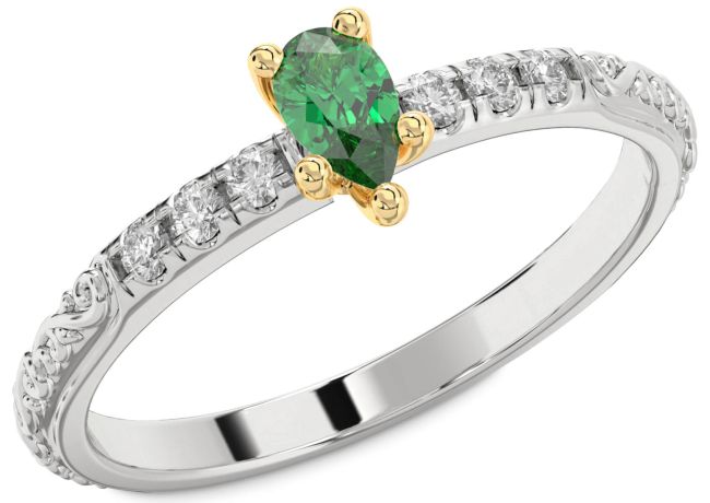 Diamond Emerald Gold Silver Pear Promise Ring
