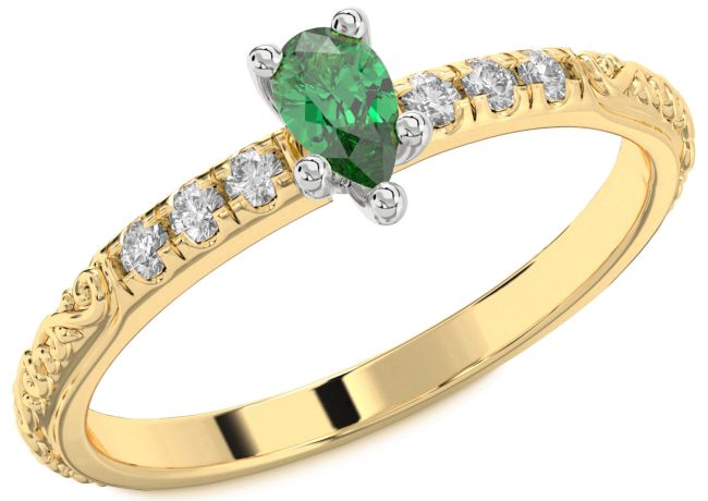 Diamond Emerald Gold Silver Pear Promise Ring