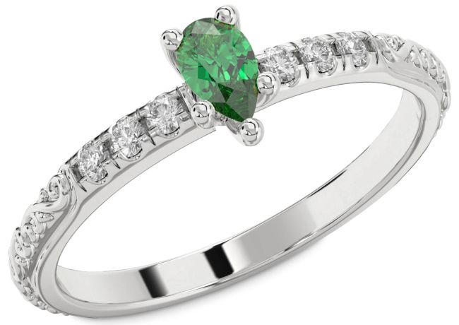 Diamond Emerald Silver Pear Promise Ring