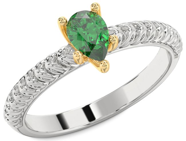 Emerald Gold Silver Pear Solitaire Engagement Ring