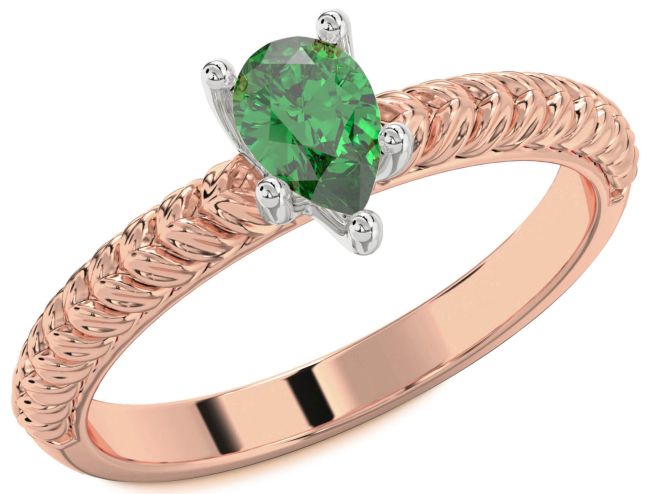 Emerald Rose Gold Silver Pear Solitaire Engagement Ring