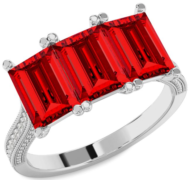 Diamond Ruby Silver Baguette Three Stone Birthstone Ring