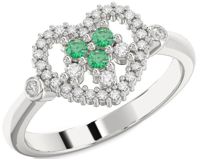 Diamond Emerald Silver Heart Three Stone Birthstone Ring