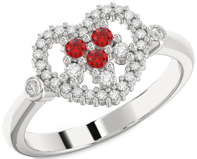 Diamond Ruby Silver Heart Three Stone Birthstone Ring