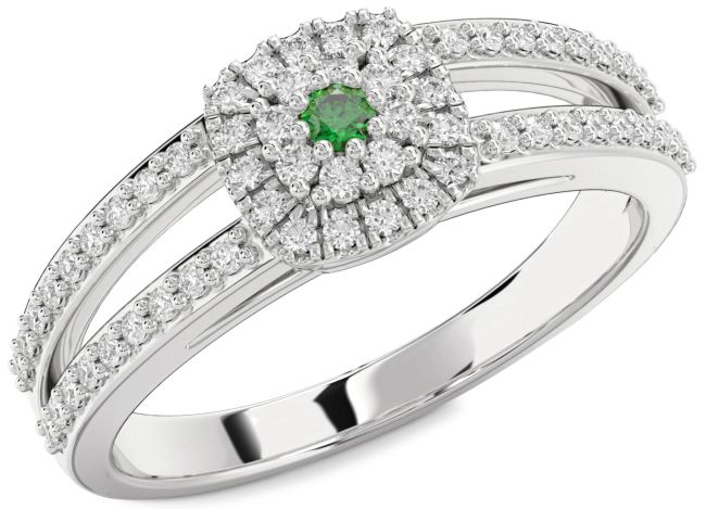 Diamond Emerald Silver Halo Round Promise Ring