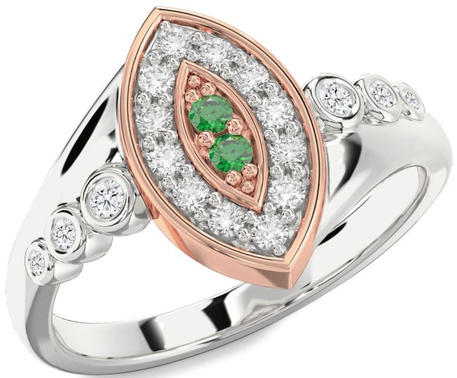 Diamond & Emerald Rose Gold Silver Evil Eye Ring