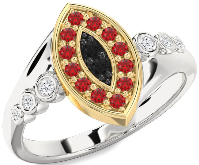 Black Diamond & Ruby Gold Silver Evil Eye Ring