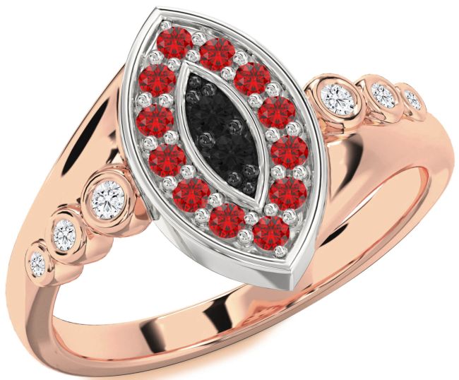 Black Diamond & Ruby Rose Gold Silver Evil Eye Ring