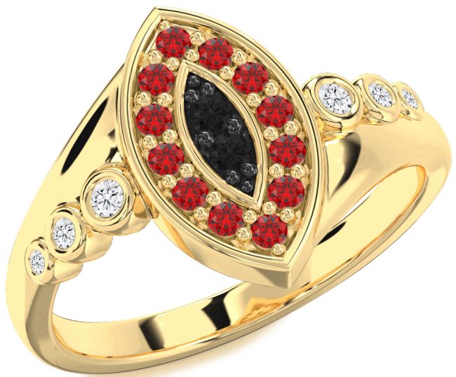 Black Diamond & Ruby Gold Silver Evil Eye Ring